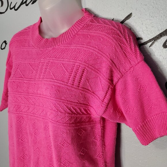 Vintage 80s Hot Pink Short Sleeve Sweater from Carriage Court, M - Picture 2 of 4